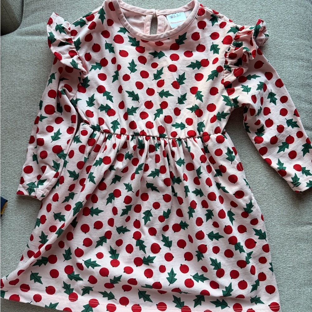 Hanna Andersson Girls 90 3T Pink Christmas Holly Long Sleeve Dress